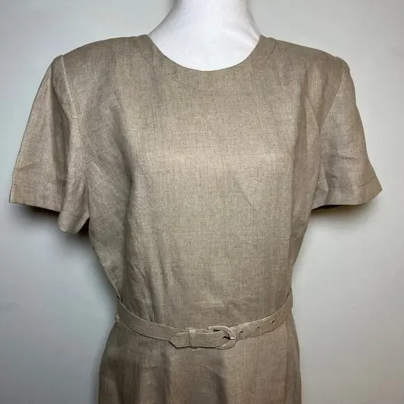 Vintage Maggy London 100% Linen Maxi Dress Beige Size 10 Belt 80s 90s Business - Picture 9 of 15